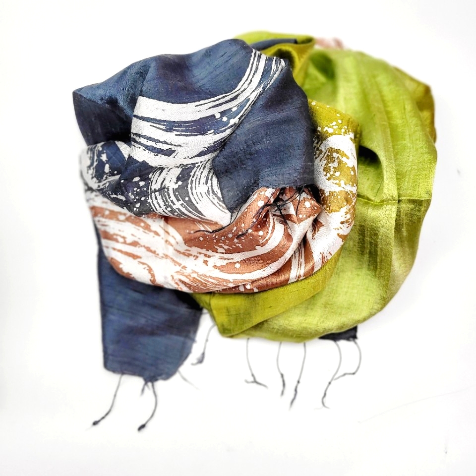 Novica 100 Silk ScarfShawl Navy Blue White Tan Green Design